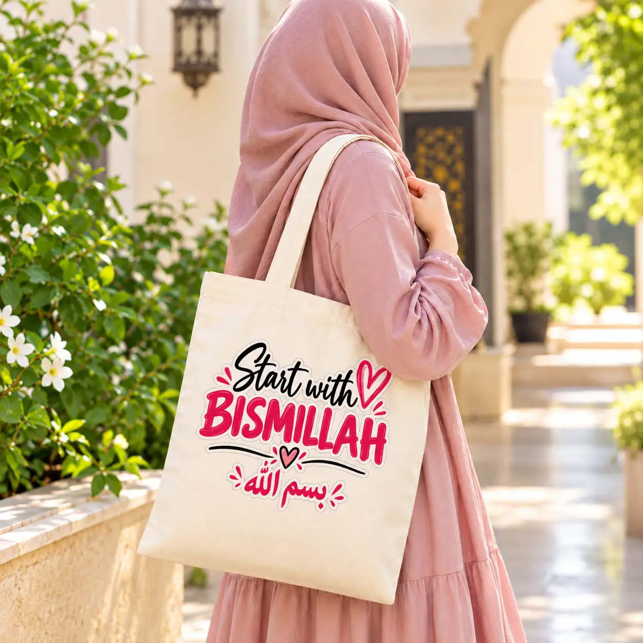 blush hijab tote in sunlit courtyard