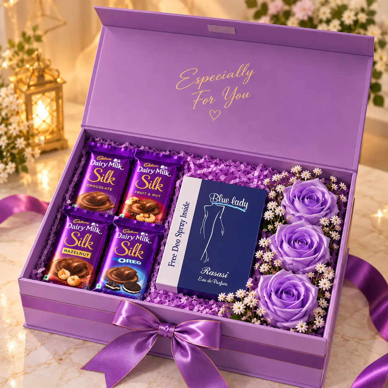 lavender luxury gift box with chocolates and roses