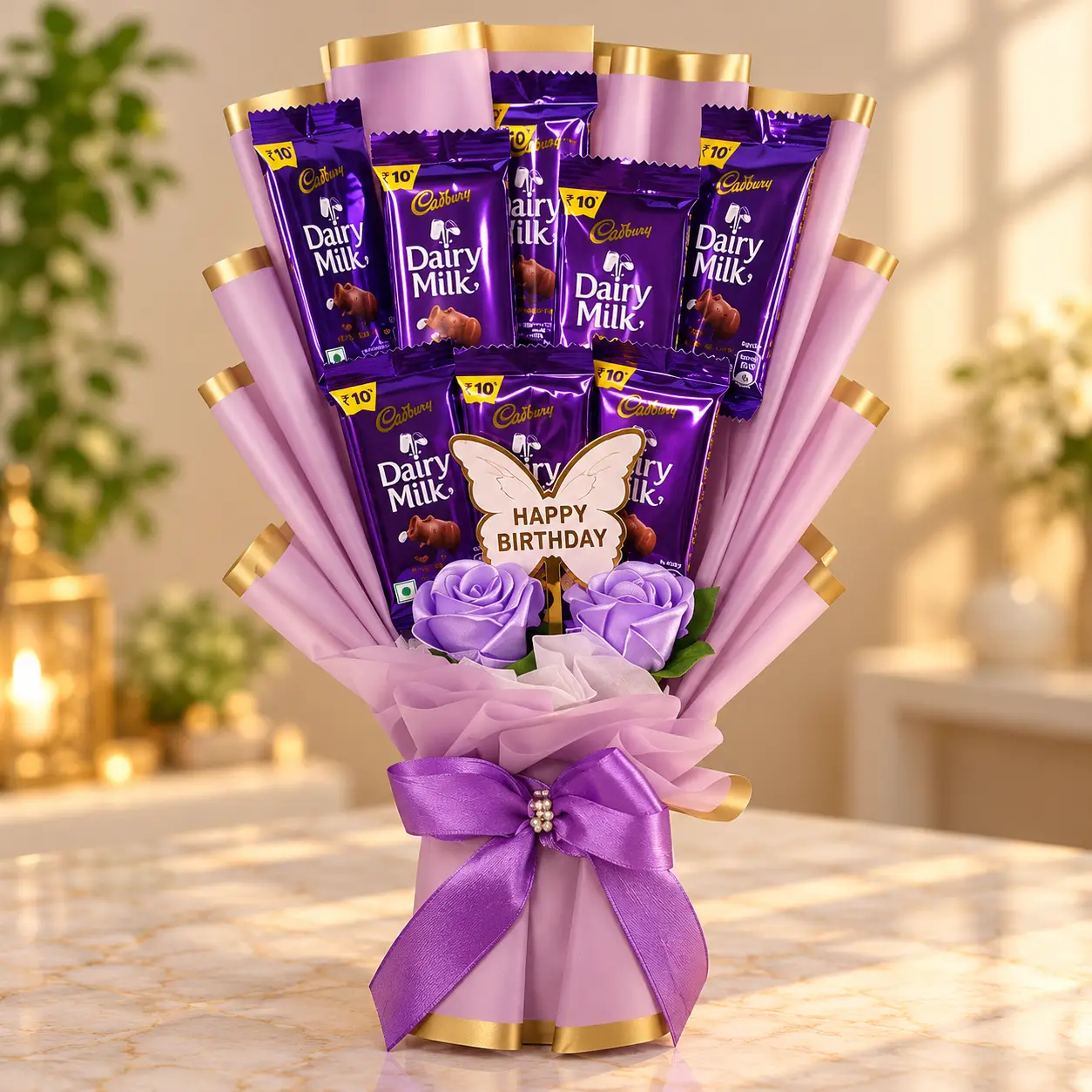 purple cadbury dairy milk birthday bouquet