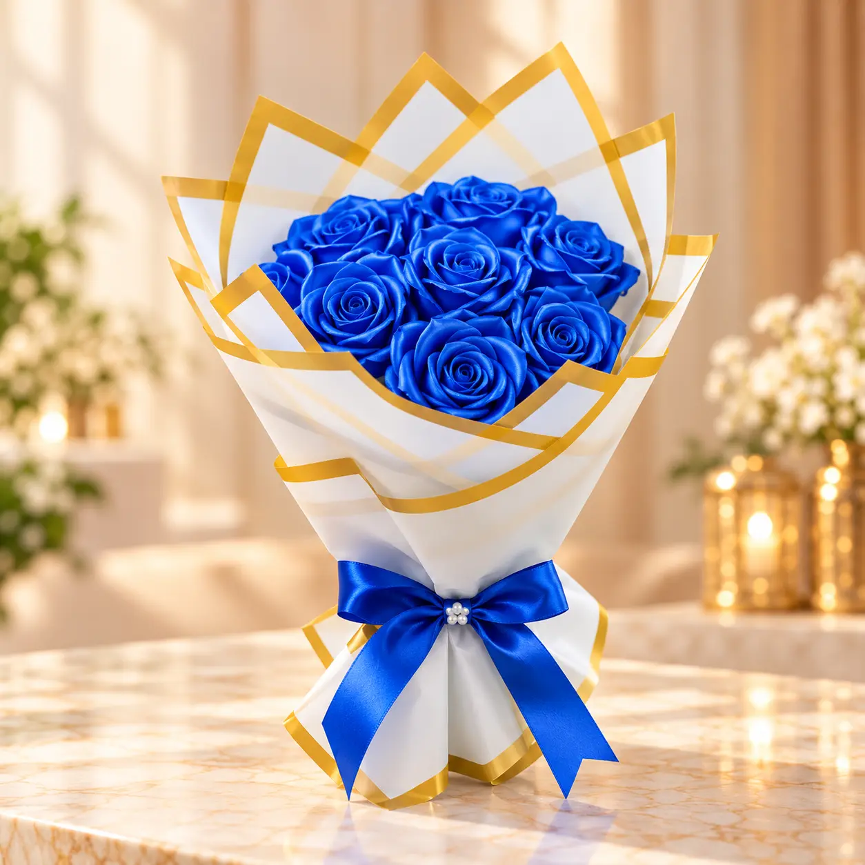 royal blue rose bouquet with gold trim
